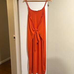 Lush Nectarine orange maxi dress with adjustable waist tie and spaghetti straps